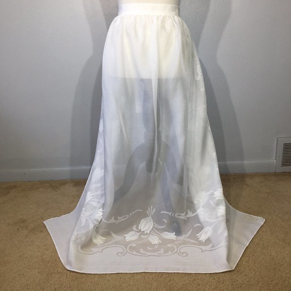 Vintage Long White Apron, Makylene Fabric Made in Spain, Cottagecore Pinafore - Picture 2 of 14